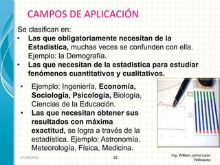 • Ejemplo: Ingeniería, Economía,
Sociología, Psicología, Biología,
Ciencias de la Educación.
• Las que necesitan obtener sus
resultados con máxima
exactitud, se logra a través de la
estadística. Ejemplo: Astronomía,
Meteorología, Física, Medicina.
CAMPOS DE APLICACIÓN
22
Ing. William Jaime León
Velásquez
26/08/2015
Se clasifican en:
• Las que obligatoriamente necesitan de la
Estadística, muchas veces se confunden con ella.
Ejemplo: la Demografía.
• Las que necesitan de la estadística para estudiar
fenómenos cuantitativos y cualitativos.
 