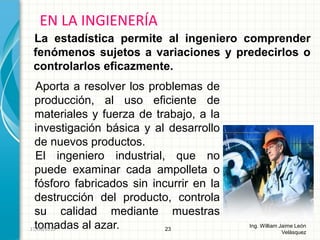 Aporta a resolver los problemas de
producción, al uso eficiente de
materiales y fuerza de trabajo, a la
investigación básica y al desarrollo
de nuevos productos.
El ingeniero industrial, que no
puede examinar cada ampolleta o
fósforo fabricados sin incurrir en la
destrucción del producto, controla
su calidad mediante muestras
tomadas al azar.
EN LA INGIENERÍA
23
Ing. William Jaime León
Velásquez
26/08/2015
La estadística permite al ingeniero comprender
fenómenos sujetos a variaciones y predecirlos o
controlarlos eficazmente.
 