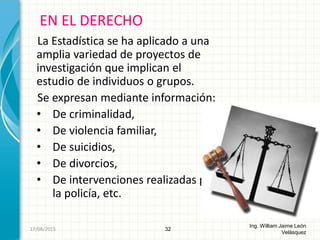 La Estadística se ha aplicado a una
amplia variedad de proyectos de
investigación que implican el
estudio de individuos o grupos.
Se expresan mediante información:
• De criminalidad,
• De violencia familiar,
• De suicidios,
• De divorcios,
• De intervenciones realizadas por
la policía, etc.
EN EL DERECHO
32
Ing. William Jaime León
Velásquez
26/08/2015
 