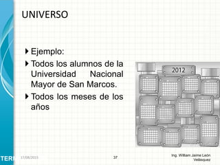 Ejemplo:
 Todos los alumnos de la
Universidad Nacional
Mayor de San Marcos.
 Todos los meses de los
años
UNIVERSO
37
Ing. William Jaime León
VelásquezTERMINOLOGÍA26/08/2015
 