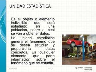 Es el objeto o elemento
indivisible que será
estudiado en una
población, sobre el cual
se van a obtener datos.
La unidad estadística
genera el fenómeno que
se desea estudiar y
proporciona datos
concretos. Es cualquier
elemento que porte
información sobre el
fenómeno que se estudia.
UNIDAD ESTADÍSTICA
47
Ing. William Jaime León
Velásquez
26/08/2015
 