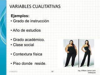 Ejemplos:
• Grado de instrucción
• Año de estudios
• Grado académico.
• Clase social
• Contextura física
• Piso donde reside.
VARIABLES CUALITATIVAS
57
Ing. William Jaime León
Velásquez
26/08/2015
 