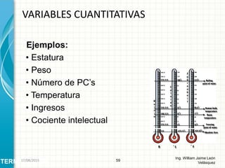 Ejemplos:
• Estatura
• Peso
• Número de PC’s
• Temperatura
• Ingresos
• Cociente intelectual
VARIABLES CUANTITATIVAS
59
Ing. William Jaime León
VelásquezTERMINOLOGÍA26/08/2015
 