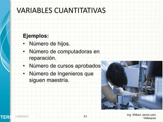 Ejemplos:
• Número de hijos.
• Número de computadoras en
reparación.
• Número de cursos aprobados
• Número de Ingenieros que
siguen maestría.
VARIABLES CUANTITATIVAS
61
Ing. William Jaime León
VelásquezTERMINOLOGÍA26/08/2015
 