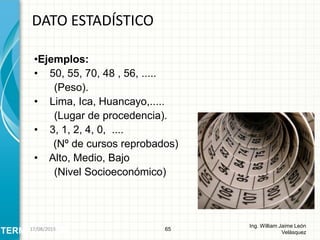 •Ejemplos:
• 50, 55, 70, 48 , 56, .....
(Peso).
• Lima, Ica, Huancayo,.....
(Lugar de procedencia).
• 3, 1, 2, 4, 0, ....
(Nº de cursos reprobados)
• Alto, Medio, Bajo
(Nivel Socioeconómico)
DATO ESTADÍSTICO
65
Ing. William Jaime León
VelásquezTERMINOLOGÍA26/08/2015
 