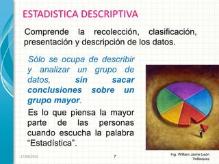 Comprende la recolección, clasificación,
presentación y descripción de los datos.
ESTADISTICA DESCRIPTIVA
7
Ing. William Jaime León
Velásquez
26/08/2015
Sólo se ocupa de describir
y analizar un grupo de
datos, sin sacar
conclusiones sobre un
grupo mayor.
Es lo que piensa la mayor
parte de las personas
cuando escucha la palabra
“Estadística”.
 