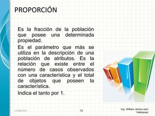 Es la fracción de la población
que posee una determinada
propiedad.
Es el parámetro que más se
utiliza en la descripción de una
población de atributos. Es la
relación que existe entre el
número de casos observados
con una característica y el total
de objetos que poseen la
característica.
Indica el tanto por 1.
PROPORCIÓN
72
Ing. William Jaime León
Velásquez
26/08/2015
 