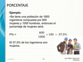 Ejemplo:
•Se tiene una población de 1600
ingenieros compuesta por 600
mujeres y 1000 hombres, entonces el
porcentaje de mujeres será:
P% =
El 37,5% de los ingenieros son
mujeres.
PORCENTAJE
75
Ing. William Jaime León
Velásquez
%5,37100
1600
600

26/08/2015
 