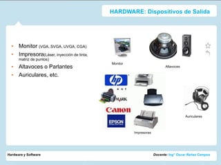 HARDWARE: Dispositivos de Salida




  • Monitor (VGA, SVGA, UVGA, CGA)
  • Impresora(Láser, inyección de tinta,
      matriz de puntos)
                                           Monitor
  • Altavoces o Parlantes                                               Altavoces

  • Auriculares, etc.




                                                                                    Auriculares



                                                     Impresoras




Hardware y Software                                               Docente: Ing° Oscar Ñañez Campos
 