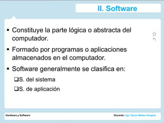 II. Software

 Constituye la parte lógica o abstracta del
  computador.
 Formado por programas o aplicaciones
  almacenados en el computador.
 Software generalmente se clasifica en:
      S. del sistema
      S. de aplicación



Hardware y Software                  Docente: Ing° Oscar Ñañez Campos
 