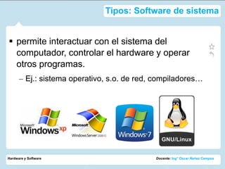 Tipos: Software de sistema


 permite interactuar con el sistema del
  computador, controlar el hardware y operar
  otros programas.
      – Ej.: sistema operativo, s.o. de red, compiladores…




Hardware y Software                         Docente: Ing° Oscar Ñañez Campos
 