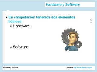 Hardware y Software


   En computación tenemos dos elementos
    básicos:
        Hardware




        Software




Hardware y Software                Docente: Ing° Oscar Ñañez Campos
 