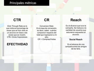 CTR
Click Through Rate es lo
que indica el porcentaje de
veces que se hizo click en
un anuncio en base a las
veces que se mostró.
CTR= Clicks/Impresiones
CR
Conversion Rate:
Es la tasa de conversión,
es decir, saber cuántos
compraron respecto del
total que ingresaron a mi
sitio.
CR = Compras/Visitas
Reach
Es el alcance que tuvo la
campaña. Se traduce a la
cantidad de usuarios que
estuvieron expuestos al
anuncio.
Social Reach
Es el alcance de una
campaña entre los amigos
de los fans.
Principales métricas
EFECTIVIDAD
 