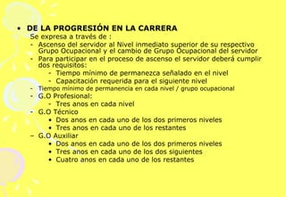 DE LA PROGRESIÓN EN LA CARRERA Se expresa a través de : Ascenso del servidor al Nivel inmediato superior de su respectivo Grupo Ocupacional y el cambio de Grupo Ocupacional del servidor Para participar en el proceso de ascenso el servidor deberá cumplir dos requisitos: Tiempo mínimo de permanezca señalado en el nivel Capacitación requerida para el siguiente nivel Tiempo mínimo de permanencia en cada nivel / grupo ocupacional G.O Profesional: Tres anos en cada nivel G.O Técnico Dos anos en cada uno de los dos primeros niveles Tres anos en cada uno de los restantes G.O Auxiliar  Dos anos en cada uno de los dos primeros niveles  Tres anos en cada uno de los dos siguientes Cuatro anos en cada uno de los restantes 