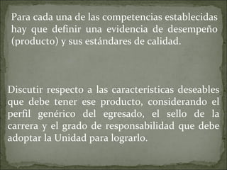 Para cada una de las competencias establecidas hay que definir una evidencia de desempeño (producto) y sus estándares de calidad. Discutir respecto a las características deseables que debe tener ese producto, considerando el perfil genérico del egresado, el sello de la carrera y el grado de responsabilidad que debe adoptar la Unidad para lograrlo. 