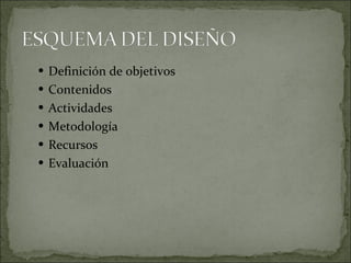 Definición de objetivos Contenidos Actividades Metodología Recursos Evaluación 