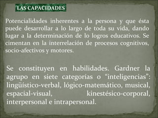 LAS CAPACIDADES Potencialidades inherentes a la persona y que ésta puede desarrollar a lo largo de toda su vida, dando lugar a la determinación de lo logros educativos. Se cimentan en la interrelación de procesos cognitivos, socio-afectivos y motores. Se constituyen en habilidades. Gardner la agrupo en siete categorías o “inteligencias”: lingüístico-verbal, lógico-matemático, musical, espacial-visual, kinestésico-corporal, interpersonal e intrapersonal. 
