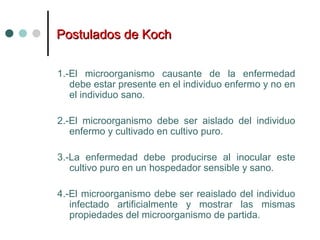 Postulados de KochPostulados de Koch
1.-El microorganismo causante de la enfermedad
debe estar presente en el individuo enfermo y no en
el individuo sano.
2.-El microorganismo debe ser aislado del individuo
enfermo y cultivado en cultivo puro.
3.-La enfermedad debe producirse al inocular este
cultivo puro en un hospedador sensible y sano.
4.-El microorganismo debe ser reaislado del individuo
infectado artificialmente y mostrar las mismas
propiedades del microorganismo de partida.
 