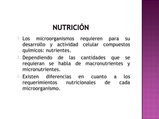  Los microorganismos requieren para su
desarrollo y actividad celular compuestos
químicos: nutrientes.
 Dependiendo de las cantidades que se
requieran se habla de macronutrientes y
micronutrientes.
 Existen diferencias en cuanto a los
requerimientos nutricionales de cada
microorganismo.
 