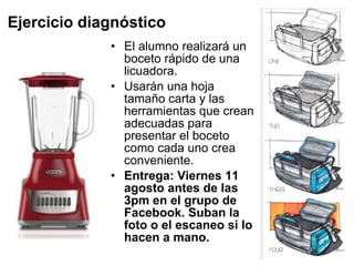 • El alumno realizará un
boceto rápido de una
licuadora.
• Usarán una hoja
tamaño carta y las
herramientas que crean
adecuadas para
presentar el boceto
como cada uno crea
conveniente.
• Entrega: Viernes 11
agosto antes de las
3pm en el grupo de
Facebook. Suban la
foto o el escaneo si lo
hacen a mano.
Ejercicio diagnóstico
 