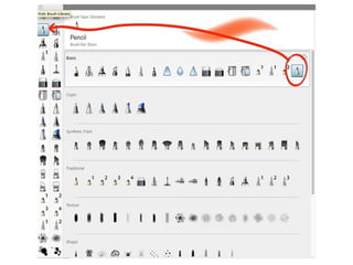 Brushes
• La herramienta básica de Sketchbook son los
pinceles o brushes.
• Tratan de imitar lo más posible la realidad.
• Los brushes nos dan distintos acabados y es
necesario conocerlos para reconocer para qué
nos puede servir cada uno.
 