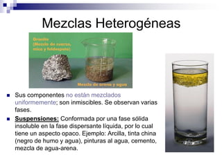 Mezclas Heterogéneas





Sus componentes no están mezclados
uniformemente; son inmiscibles. Se observan varias
fases.
Suspensiones: Conformada por una fase sólida
insoluble en la fase dispersante líquida, por lo cual
tiene un aspecto opaco. Ejemplo: Arcilla, tinta china
(negro de humo y agua), pinturas al agua, cemento,
mezcla de agua-arena.

 