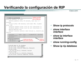 Verificando la configuración de RIP Show ip protocols show interface  interface   show ip interface  interface   show running-config  Show ip rip database 