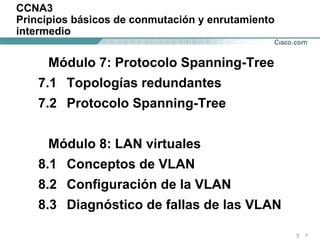 CCNA3 Principios básicos de conmutación y enrutamiento intermedio Módulo 7: Protocolo Spanning-Tree 7.1 Topologías redundantes 7.2 Protocolo Spanning-Tree Módulo 8: LAN virtuales 8.1 Conceptos de VLAN 8.2 Configuración de la VLAN 8.3 Diagnóstico de fallas de las VLAN 