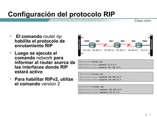 Configuración del protocolo RIP El comando  router rip  habilita el protocolo de enrutamiento RIP Luego se ejecuta el comando  network  para informar al router acerca de las interfaces donde RIP estará activo  Para habilitar RIPv2, utilize el comando  version 2 