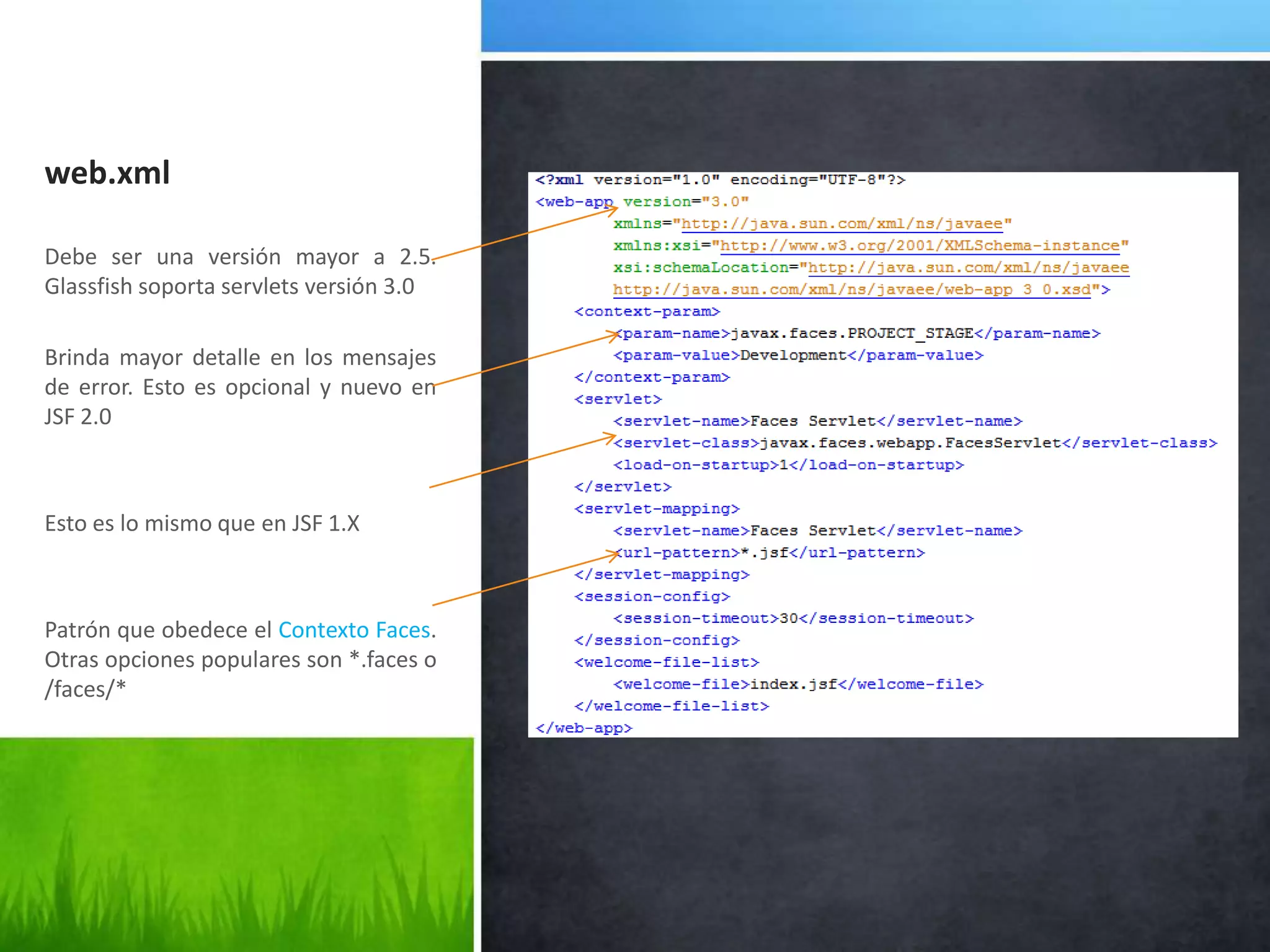 web.xmlDebe ser una versión mayor a 2.5. Glassfish soporta servlets versión 3.0Brinda mayor detalle en los mensajes de error. Esto es opcional y nuevo en JSF 2.0 Esto es lo mismo que en JSF 1.XPatrón que obedece el Contexto Faces. Otras opciones populares son *.faces o /faces/*