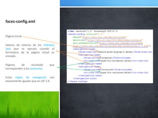 faces-config.xmlPágina inicialValores de retorno de los métodos Java que se ejecuta cuando el formulario de la página inicial es enviado.Páginas de resultado que corresponden a los outcomes.Estas reglas de navegación son exactamente iguales que en JSF 1.X.
