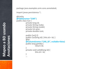package java.examples.orm.core.annotated;import javax.persistence.*;@Entity@Table(name="CAR")public class Car {        	private long id;    	private String make;    	private String model;    	private int year;    	private double cost;	public Car() {}    	public Car(long id) { this.id = id; }        	@Id@Column(name="CAR_ID", nullable=false)    	public long getId() {        		return id;    	}	private void setId(long id) {        		this.id = id;    	}	…Mapeo a BD usando Anotaciones