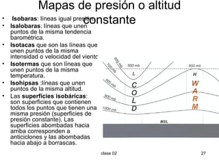 Mapas de presión o altitud constante Isobaras : líneas igual presión. Isalobaras : líneas que unen puntos de la misma tendencia barométrica.  Isotacas  que son las líneas que unen puntos de la misma intensidad o velocidad del viento.  Isotermas  que son líneas que unen puntos de la misma temperatura.  Isohipsas  :líneas que unen puntos de la misma altitud. Las  superficies isobáricas :  son superficies que contienen todos los puntos que tienen una misma presión (superficies de presión constante). Las superficies abombadas hacia arriba corresponden a anticiclones y las abombadas hacia abajo a borrascas.  