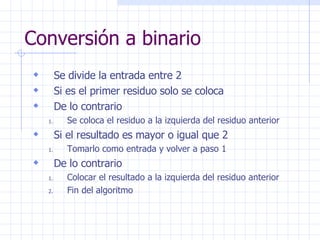 Conversión a binario <ul><li>Se divide la entrada entre 2 </li></ul><ul><li>Si es el primer residuo solo se coloca </li></...