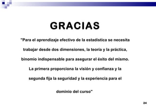 24
GRACIAS
"Para el aprendizaje efectivo de la estadística se necesita
trabajar desde dos dimensiones, la teoría y la práctica,
binomio indispensable para asegurar el éxito del mismo.
La primera proporciona la visión y confianza y la
segunda fija la seguridad y la experiencia para el
dominio del curso"
 
