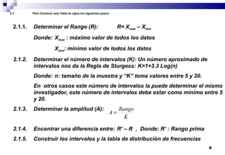 8
2.1 Para Construir esta Tabla se sigue los siguientes pasos:
2.1.1. Determinar el Rango (R): R= Xmax – Xmin
Donde: Xmax : máximo valor de todos los datos
Xmin: mínimo valor de todos los datos
2.1.2. Determinar el número de intervalos (K): Un número aproximado de
intervalos nos da la Regla de Sturgess: K=1+3.3 Log(n)
Donde: n: tamaño de la muestra y “K” toma valores entre 5 y 20.
En otros casos este número de intervalos la puede determinar el mismo
investigador, este número de intervalos debe estar como mínimo entre 5
y 20.
2.1.3. Determinar la amplitud (A):
2.1.4. Encontrar una diferencia entre: R’ – R , Donde: R’ : Rango prima
2.1.5. Construir los intervalos y la tabla de distribución de frecuencias
K
Rango
A =
 