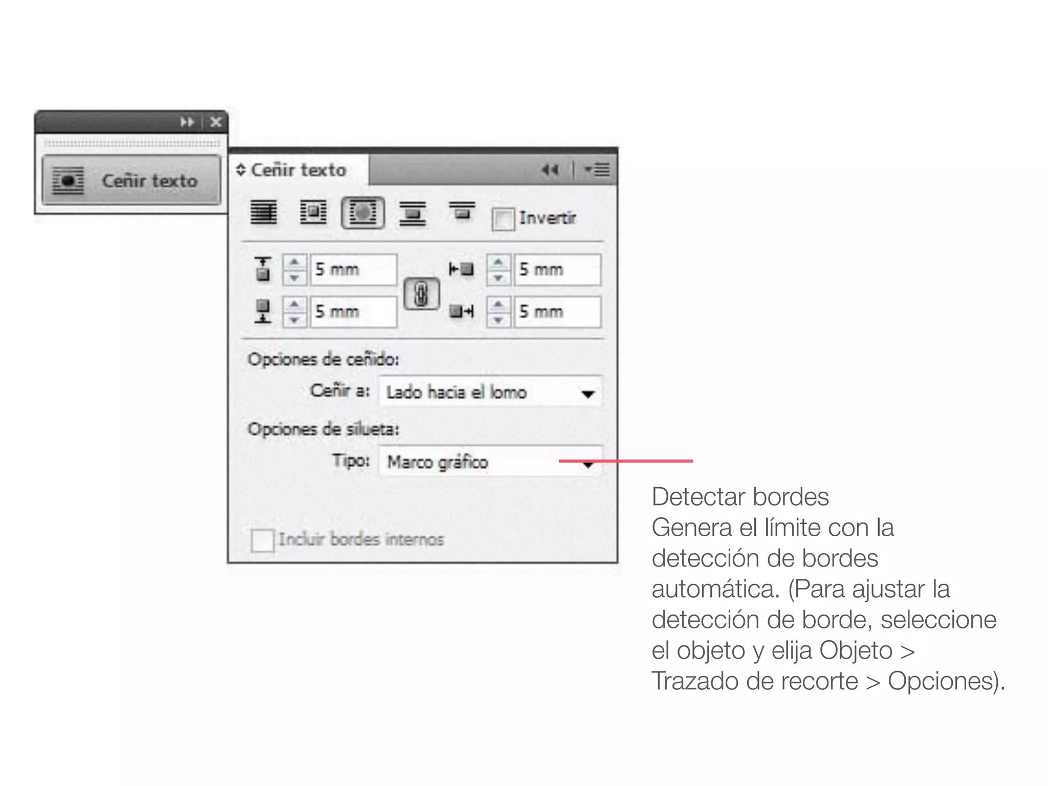 Detectar bordes
Genera el límite con la
detección de bordes
automática. (Para ajustar la
detección de borde, seleccione
el objeto y elija Objeto >
Trazado de recorte > Opciones).
 