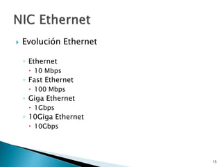  Evolución Ethernet
◦ Ethernet
 10 Mbps
◦ Fast Ethernet
 100 Mbps
◦ Giga Ethernet
 1Gbps
◦ 10Giga Ethernet
 10Gbps
15
 