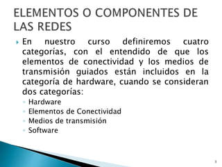  En nuestro curso definiremos cuatro
categorías, con el entendido de que los
elementos de conectividad y los medios de
transmisión guiados están incluidos en la
categoría de hardware, cuando se consideran
dos categorías:
◦ Hardware
◦ Elementos de Conectividad
◦ Medios de transmisión
◦ Software
3
 
