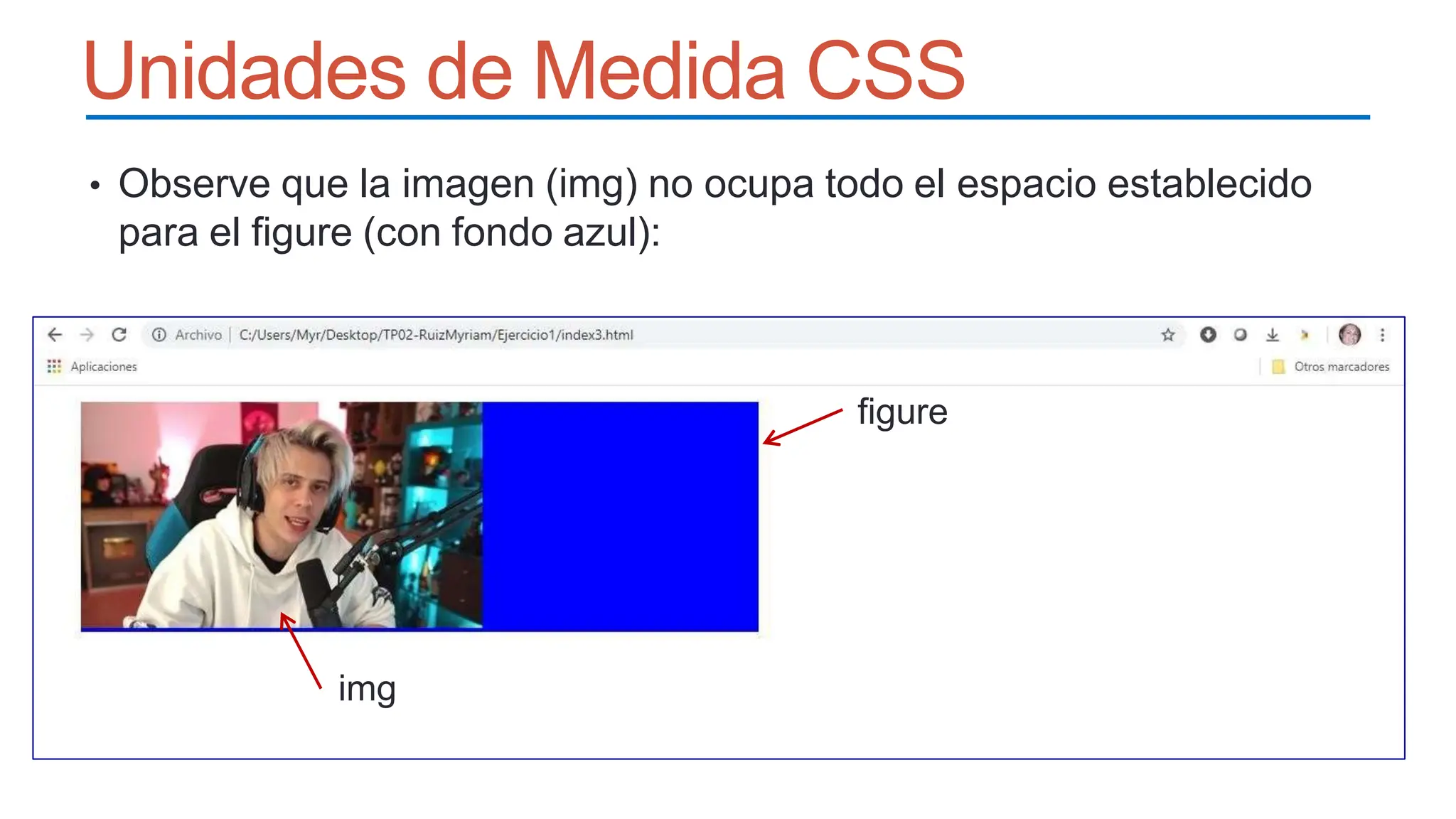 Unidades de Medida CSS
• Observe que la imagen (img) no ocupa todo el espacio establecido
para el figure (con fondo azul):
figure
img
 