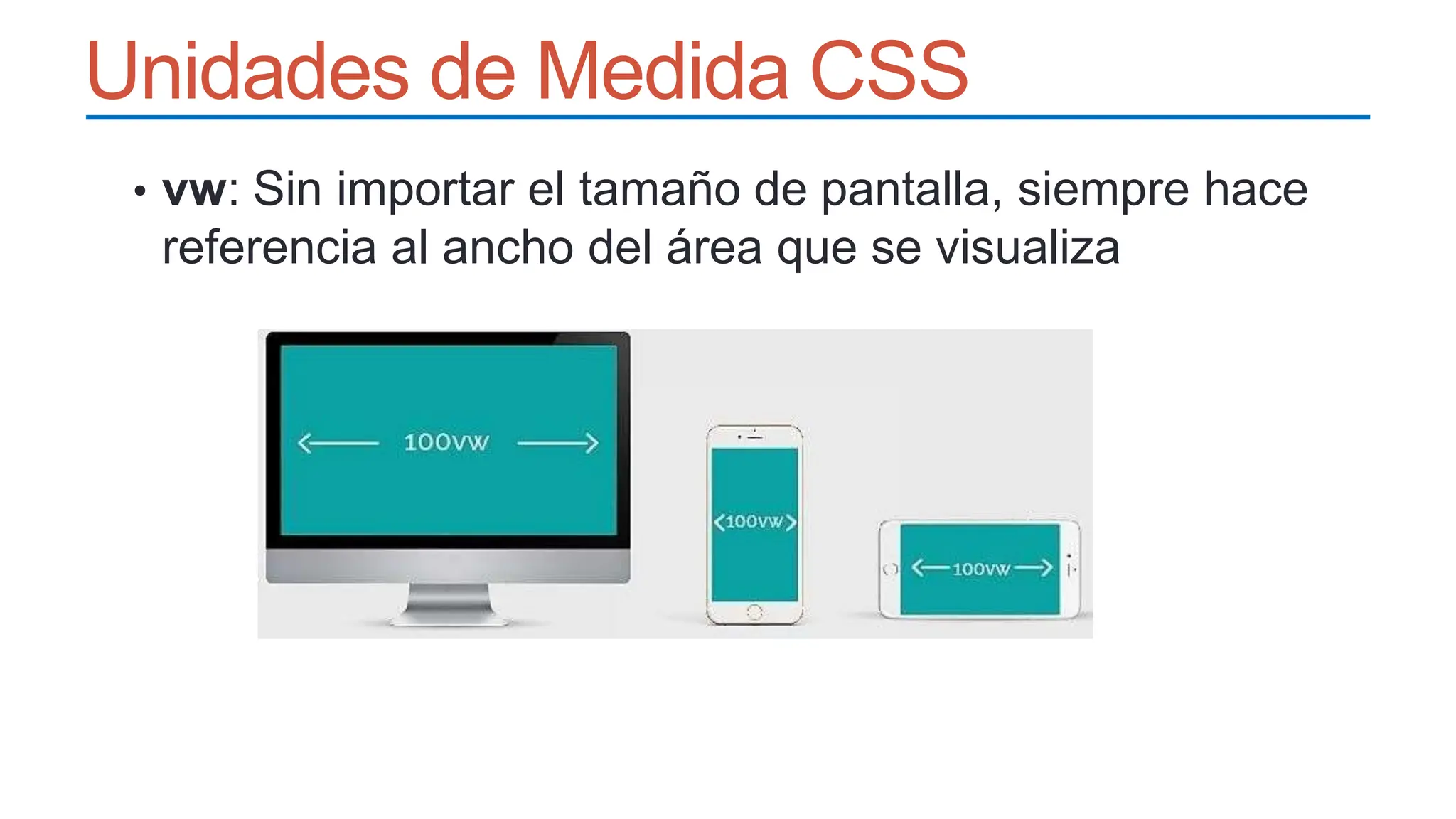 Unidades de Medida CSS
• vw: Sin importar el tamaño de pantalla, siempre hace
referencia al ancho del área que se visualiza
 