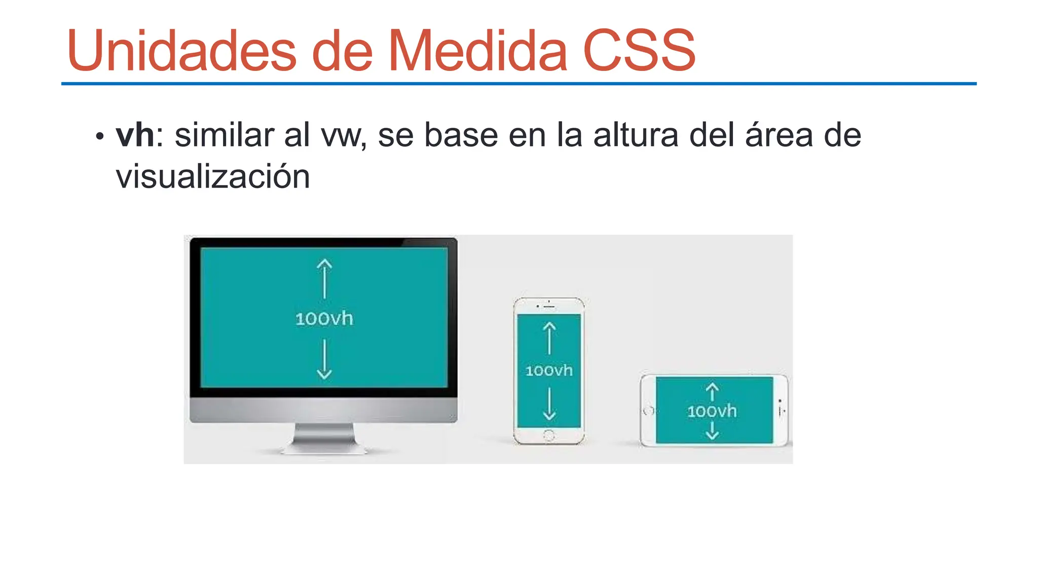 Unidades de Medida CSS
• vh: similar al vw, se base en la altura del área de
visualización
 