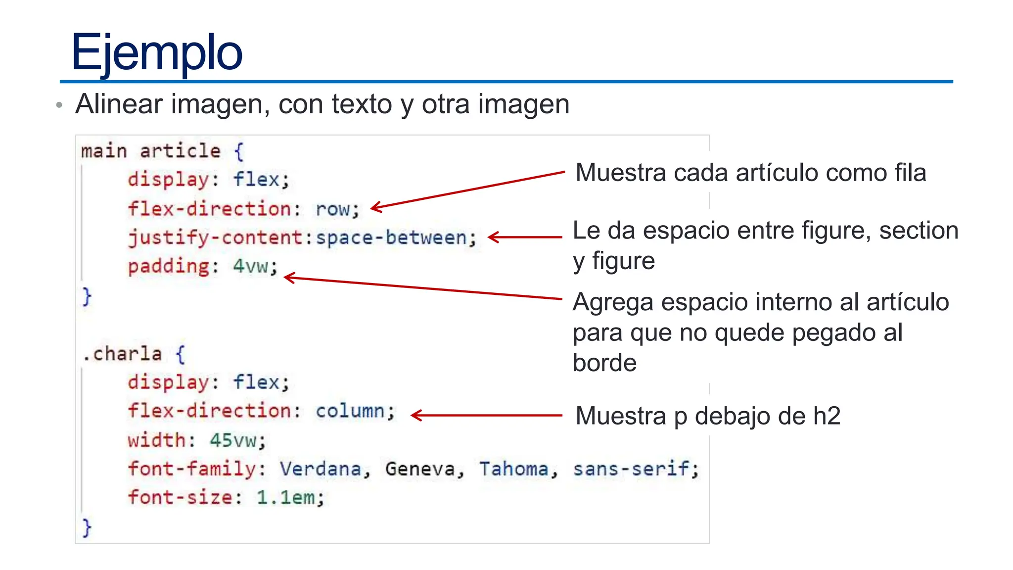 Ejemplo
• Alinear imagen, con texto y otra imagen
Muestra cada artículo como fila
Le da espacio entre figure, section
y figure
Agrega espacio interno al artículo
para que no quede pegado al
borde
Muestra p debajo de h2
 