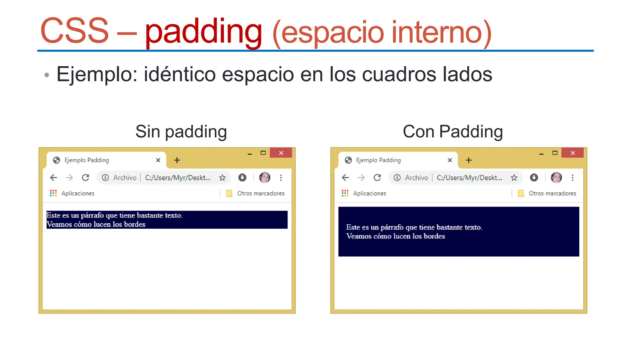 CSS – padding (espacio interno)
• Ejemplo: idéntico espacio en los cuadros lados
Sin padding Con Padding
 