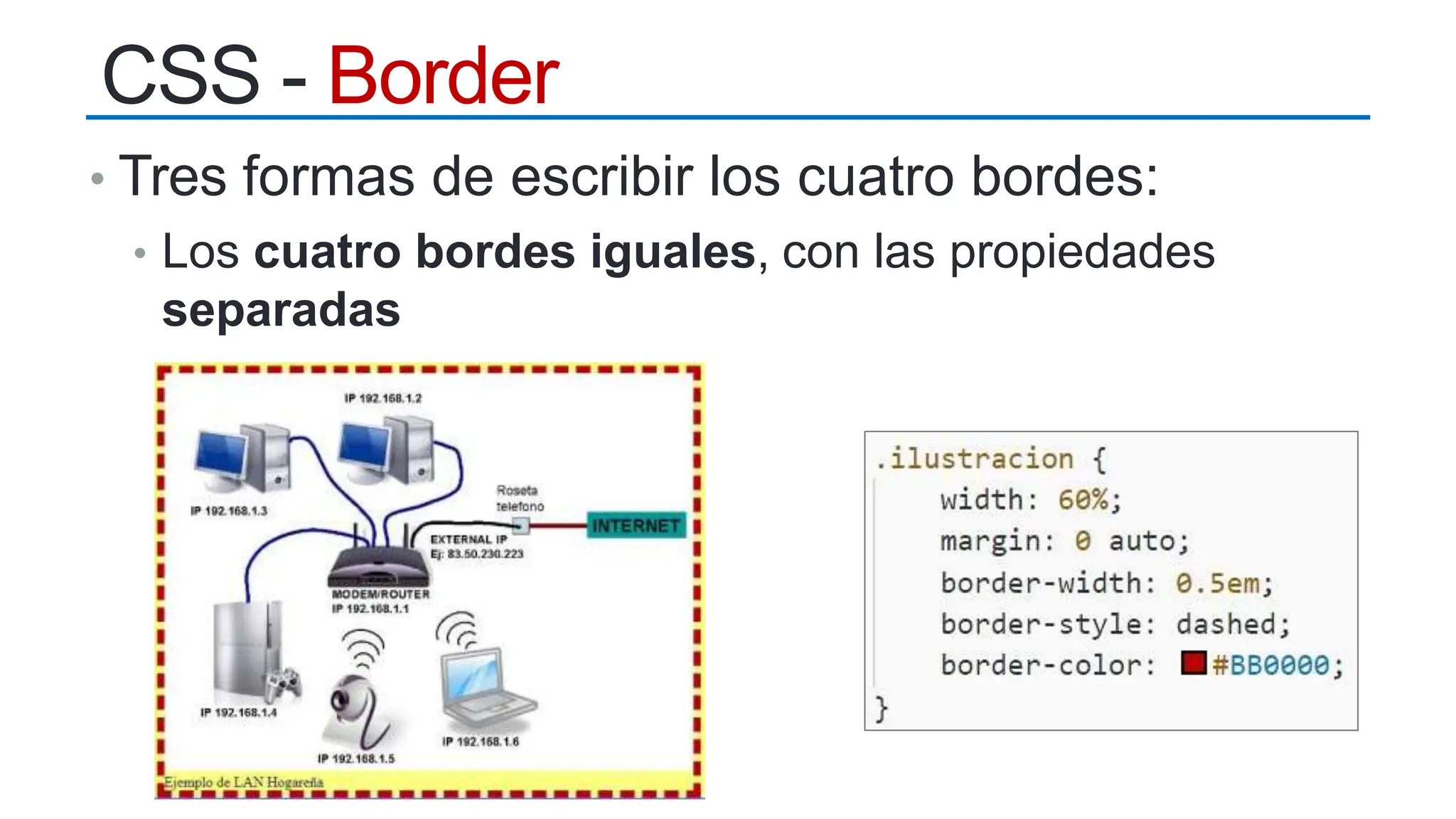 • Tres formas de escribir los cuatro bordes:
• Los cuatro bordes iguales, con las propiedades
separadas
CSS - Border
 