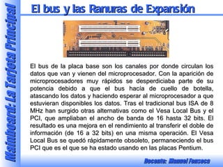 El bus de la placa base son los canales por donde circulan los datos que van y vienen del microprocesador. Con la aparición de microprocesadores muy rápidos se desperdiciaba parte de su potencia debido a que el bus hacía de cuello de botella, atascando los datos y haciendo esperar al microprocesador a que estuvieran disponibles los datos. Tras el tradicional bus ISA de 8 MHz han surgido otras alternativas como el Vesa Local Bus y el PCI, que ampliaban el ancho de banda de 16 hasta 32 bits. El resultado es una mejora en el rendimiento al transferir el doble de información (de 16 a 32 bits) en una misma operación. El Vesa Local Bus se quedó rápidamente obsoleto, permaneciendo el bus PCI que es el que se ha estado usando en las placas Pentium. El bus y las Ranuras de Expansión 