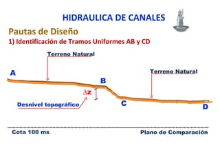 HIDRAULICA DE CANALES
Pautas de Diseño
1) Identificación de Tramos Uniformes AB y CD
             Terreno Natural


A                                           Terreno Natural
                                B
                           ∆z
    Desnivel topográfico            C                         D


 Cota 100 ms                             Plano de Comparación
 
