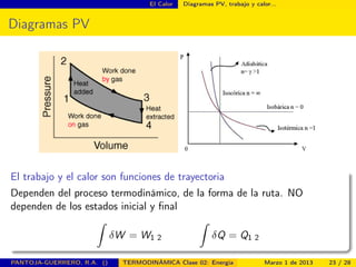 El Calor Diagramas PV, trabajo y calor...
Diagramas PV
El trabajo y el calor son funciones de trayectoria
Dependen del proceso termodinámico, de la forma de la ruta. NO
dependen de los estados inicial y ﬁnal
ˆ
δW = W1 2
ˆ
δQ = Q1 2
PANTOJA-GUERRERO, R.A. () TERMODINÁMICA Clase 02: Energía Marzo 1 de 2013 23 / 28
 