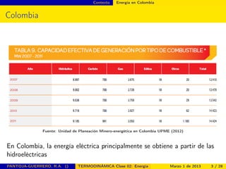 Contexto Energía en Colombia
Colombia
Fuente: Unidad de Planeación Minero-energética en Colombia UPME (2012)
En Colombia, la energía eléctrica principalmente se obtiene a partir de las
hidroeléctricas
PANTOJA-GUERRERO, R.A. () TERMODINÁMICA Clase 02: Energía Marzo 1 de 2013 3 / 28
 
