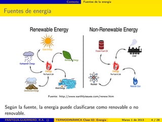 Contexto Fuentes de la energía
Fuentes de energía
Fuente: http://www.earthlyissues.com/renew.htm
Según la fuente, la energía puede clasiﬁcarse como renovable o no
renovable.
PANTOJA-GUERRERO, R.A. () TERMODINÁMICA Clase 02: Energía Marzo 1 de 2013 4 / 28
 